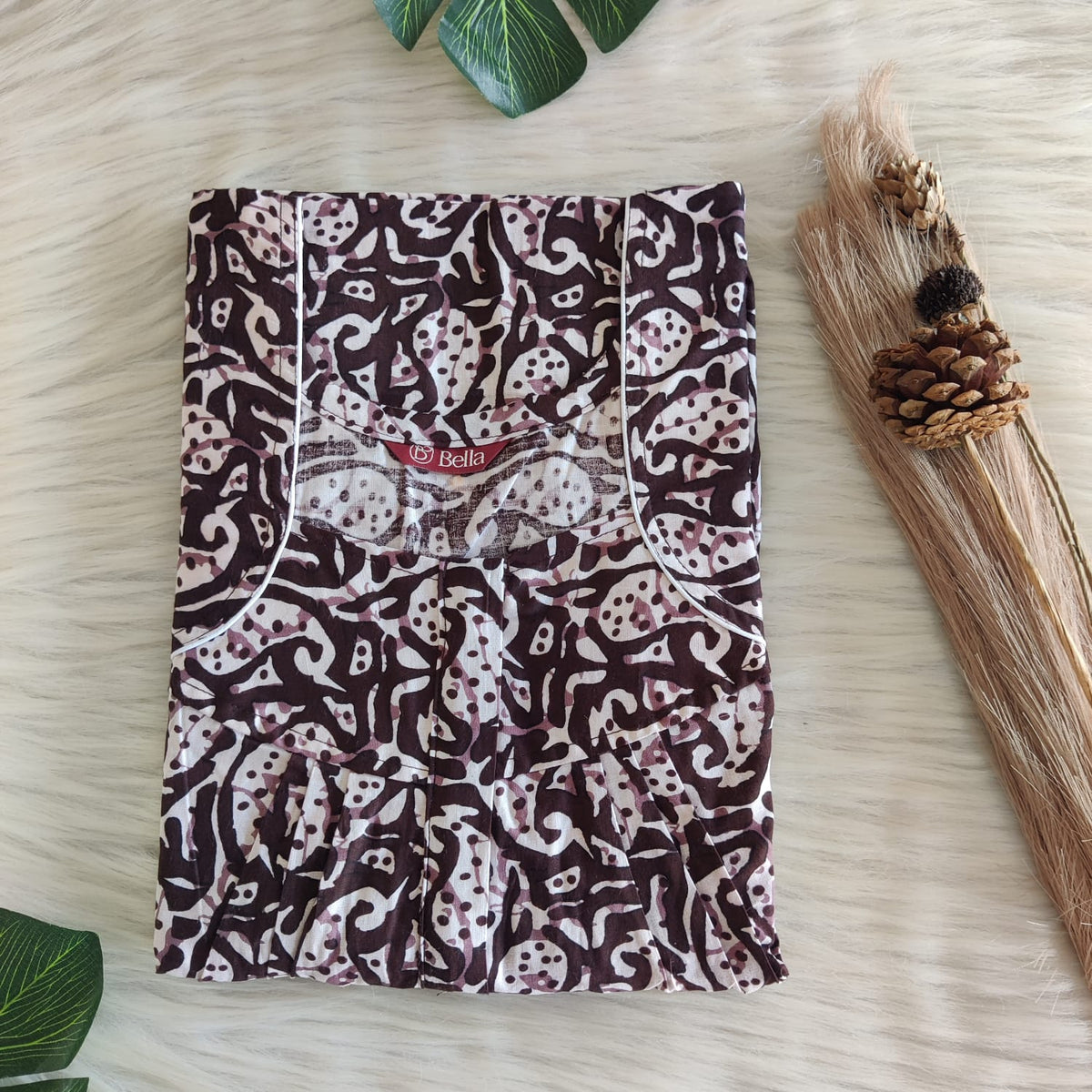 Coffee Brown Printed Premium Cotton Pleated Zip Nighty | Free Size | Chest Width 44″| Length 54″-55″