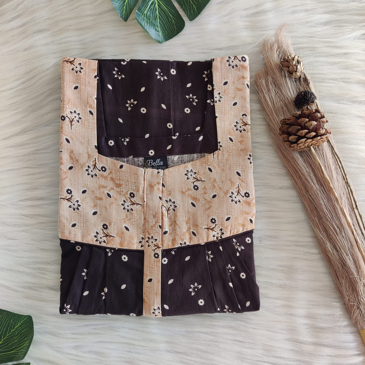 Coffee Brown Printed Premium Cotton Square Neck Pleated Nighty | Free Size | Chest Width 44″| Length 55″-56″