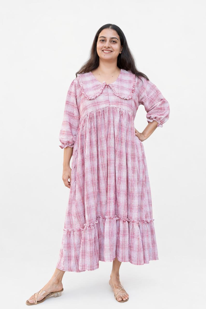 Maroon Check Printed Peter Pan Collar Seer Sucker Puff 3/4 Sleeve Maternity Dress with Centre Long Zip | Free Size | 46" length