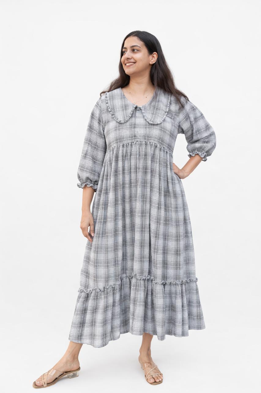 Black Check Printed Peter Pan Collar Seer Sucker Puff 3/4 Sleeve Maternity Dress with Centre Long Zip | Free Size | 46" length