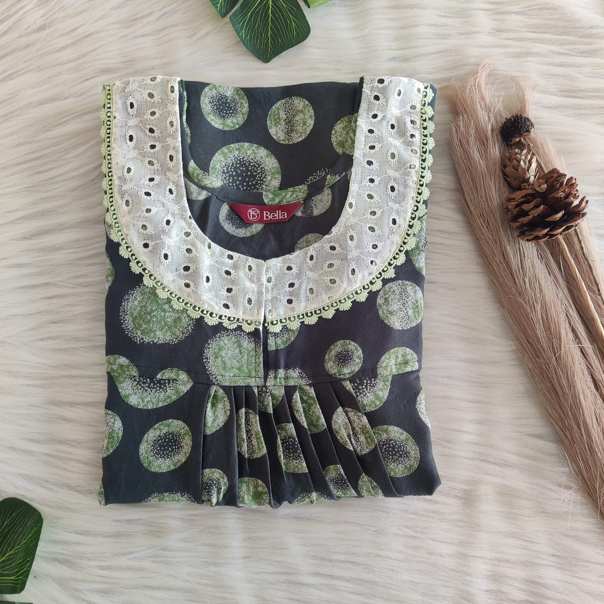 Green Dot Printed Alfine Hakoba Lace Nighty | Free Size | Chest Width 44″| Length 54″-56″