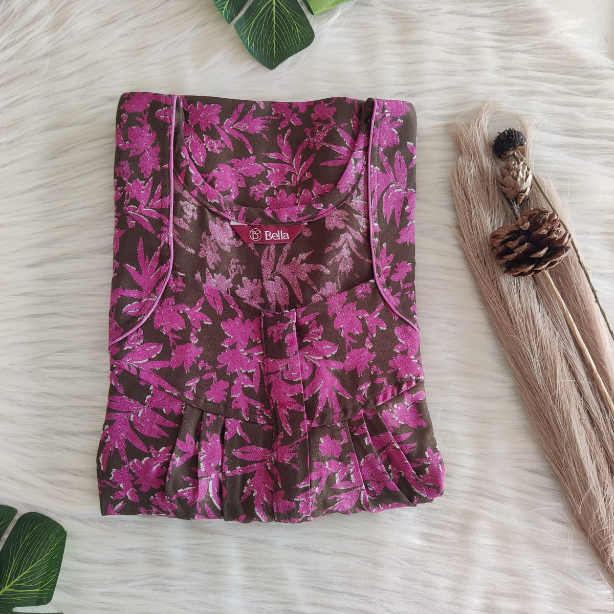 Pink Floral Alfine Pleated Zip Nighty | Free Size | Chest Width 44″| Length 54″-55″