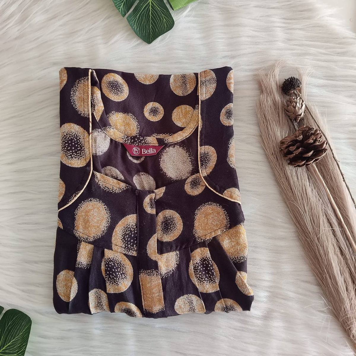 Yellow Dot Printed Coffee Brown Alfine Pleated Zip Nighty | Free Size | Chest Width 44″| Length 54″-55″