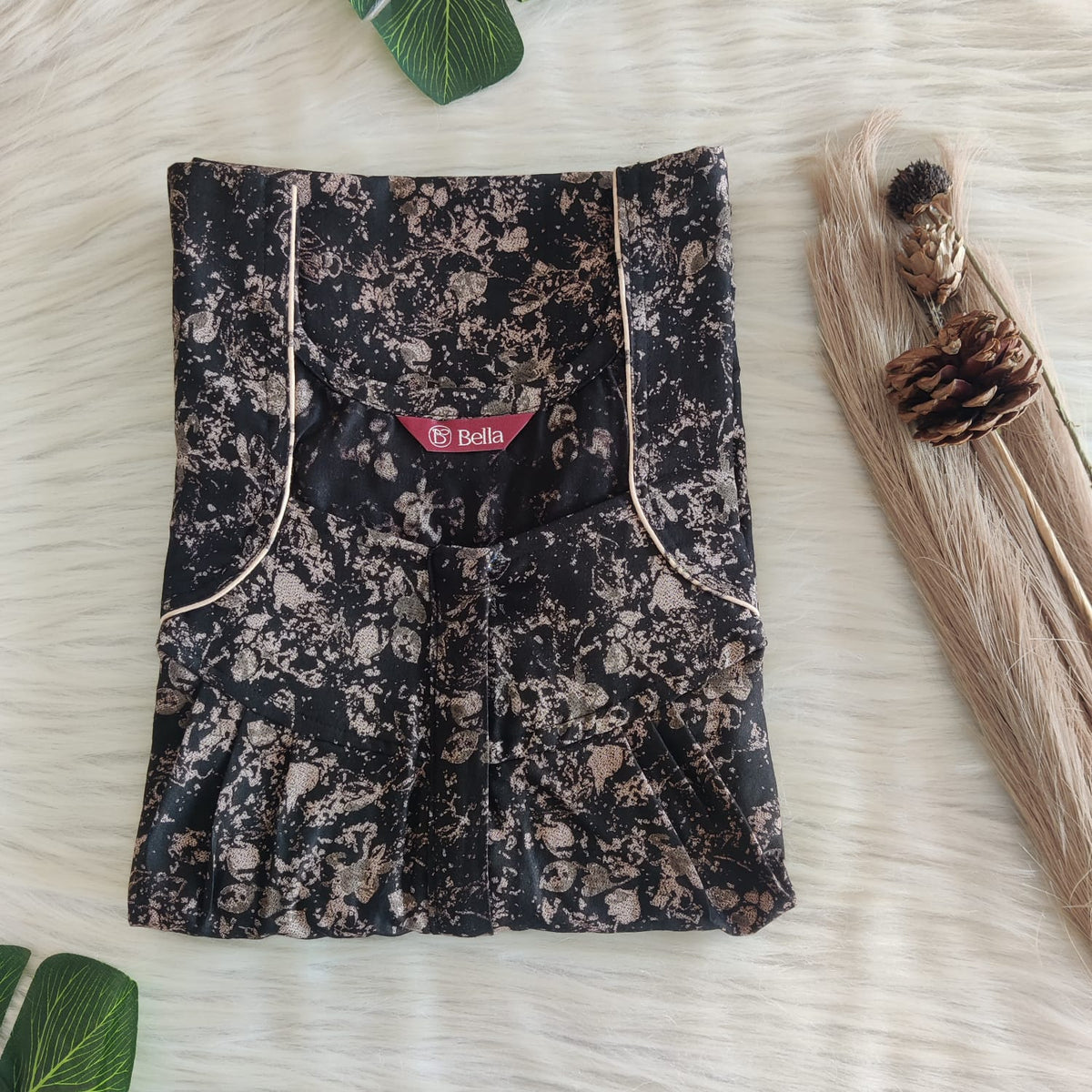 Brown Printed Black Alfine Pleated Zip Nighty | Free Size | Chest Width 44″| Length 54″-55″