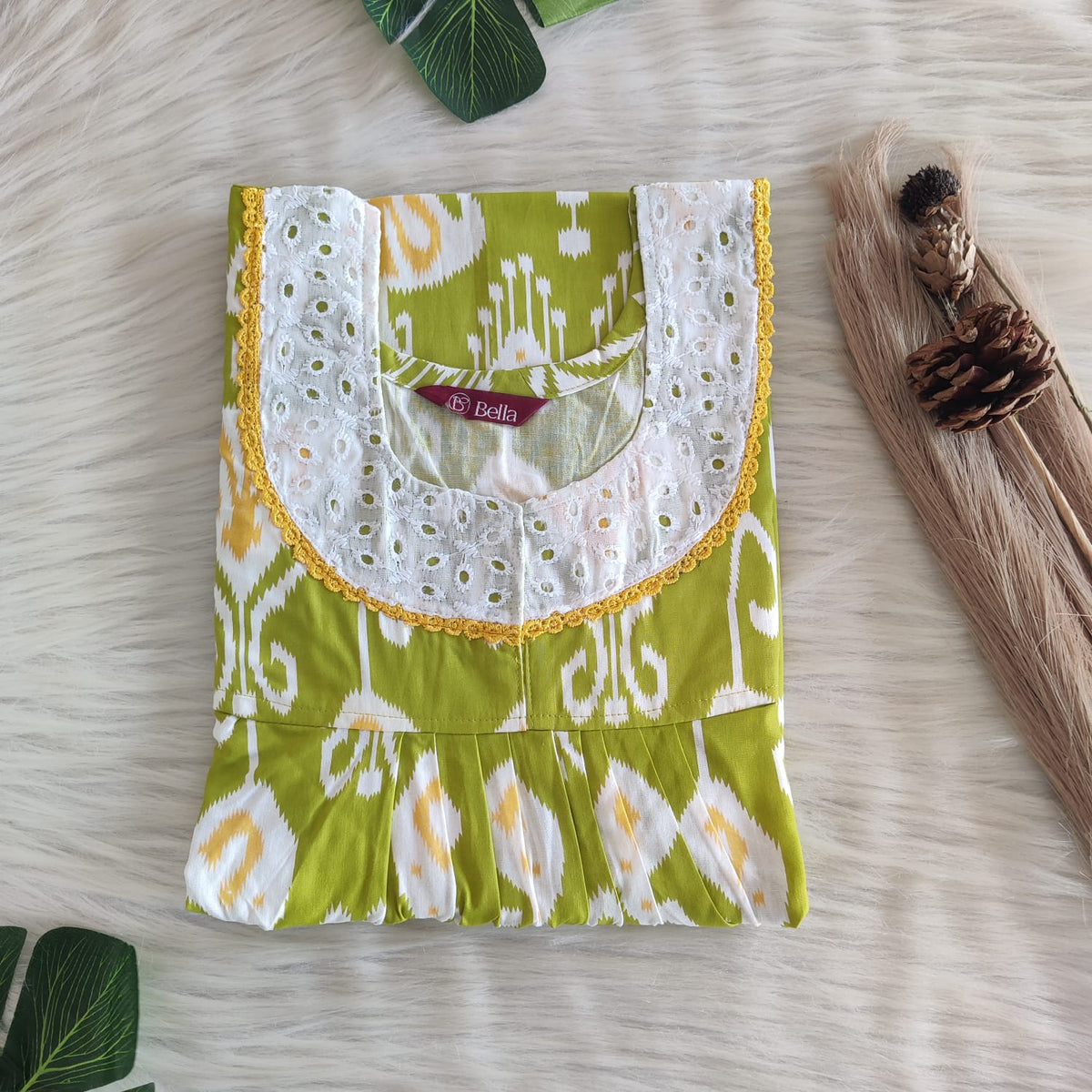 Pista Green Printed Premium Cotton Hakoba Lace Nighty | Free Size | Chest Width 44″| Length 54″-56″