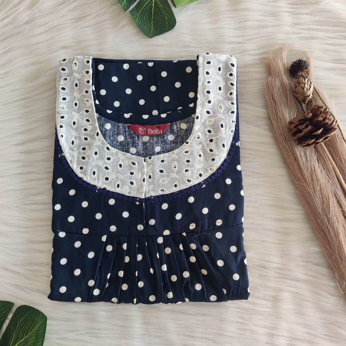 White Dot Navy Blue Printed Gujari Cotton Hakoba Lace Nighty | Free Size | Chest Width 44″| Length 54″-56″