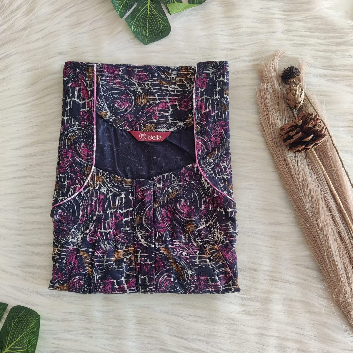 Pink Printed Navy Blue Discharge Cotton Pleated Zip Nighty | Chest Width 44″ | Length 54″-55″