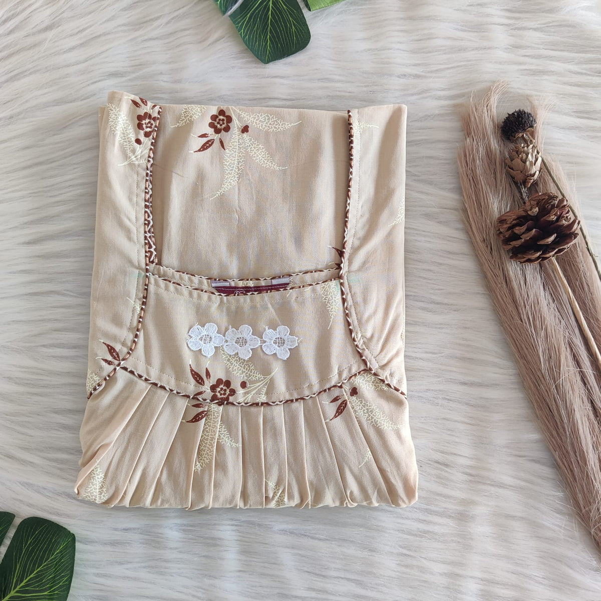 Pale Yellow Printed Premium Cotton Three Flower Nighty |Free Size | Chest Width 44"| Length 54"-55"