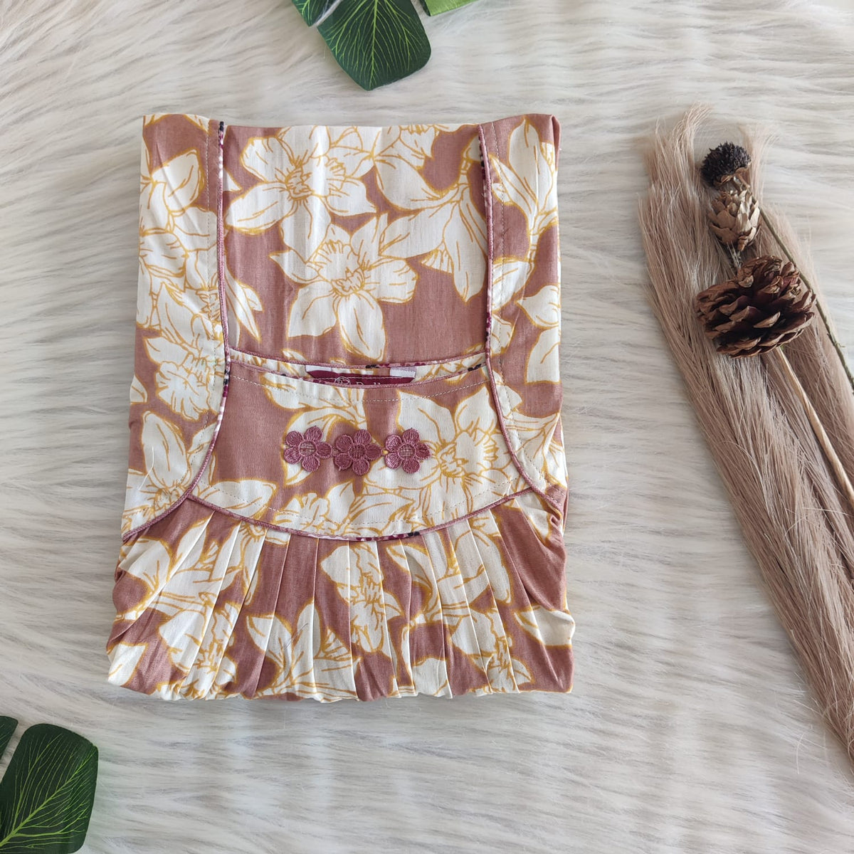 Yellow Floral Printed Brown Premium Cotton Three Flower Nighty |Free Size | Chest Width 44"| Length 54"-55"