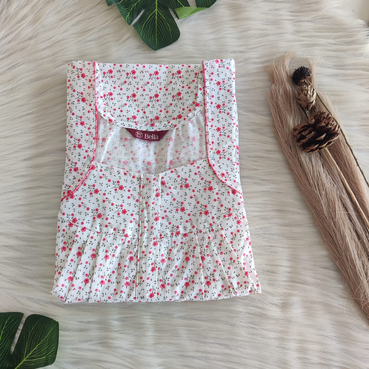 Red Floral Printed White Premium Cotton Pleated Zip Nighty | Free Size | Chest Width 44″| Length 54″-55″