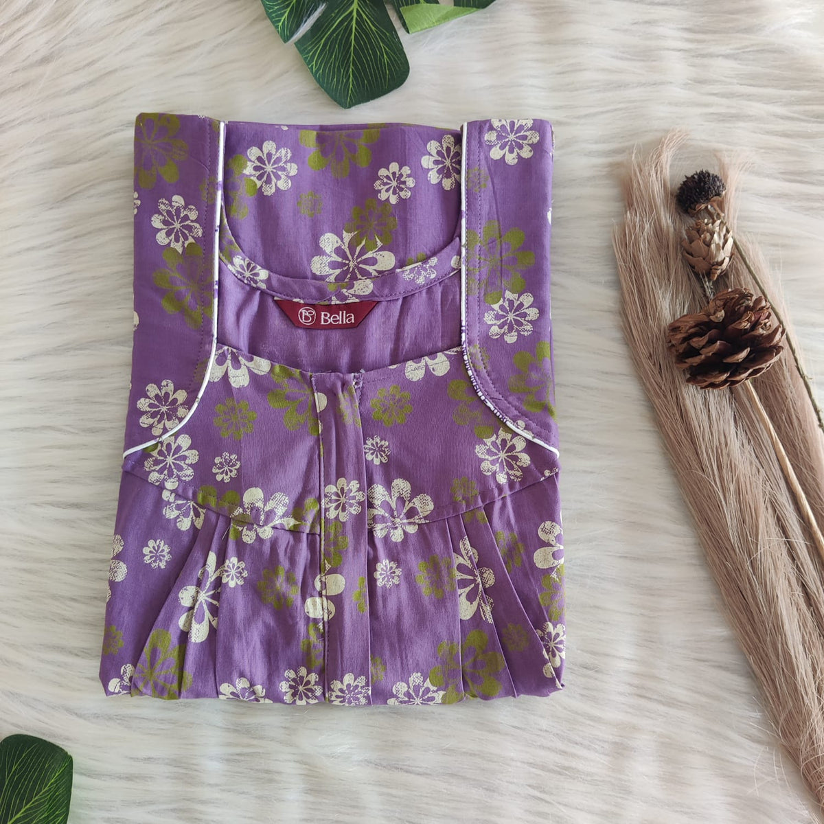 Pale Purple Printed Discharge Cotton Pleated Zip Nighty | Chest Width 44″ | Length 54″-55″