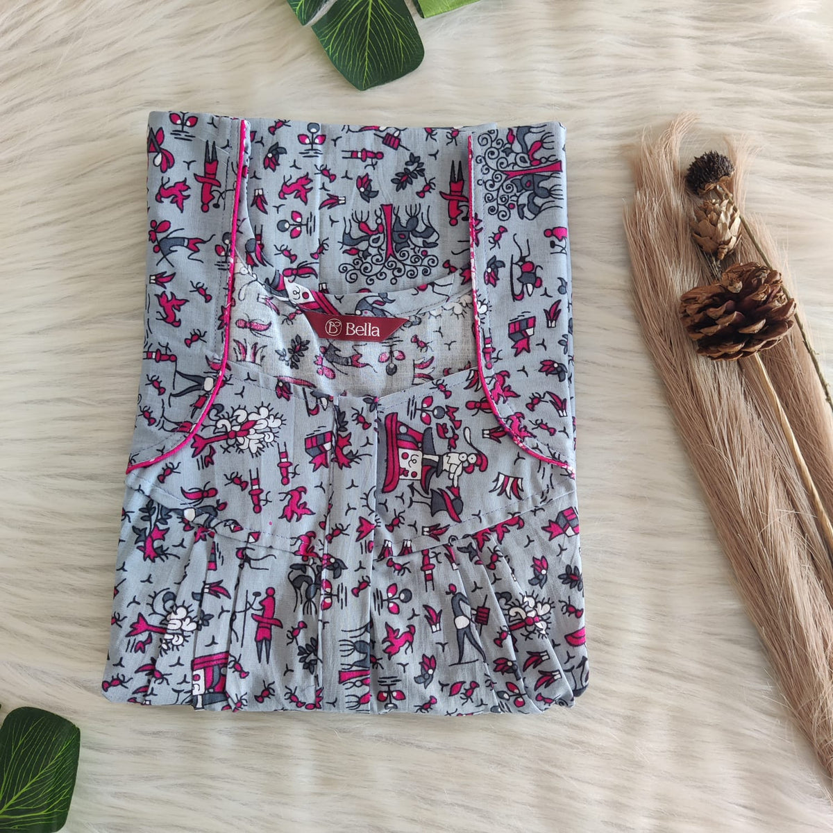 Grey Printed Premium Cotton Pleated Zip Nighty | Free Size | Chest Width 44″| Length 54″-55″