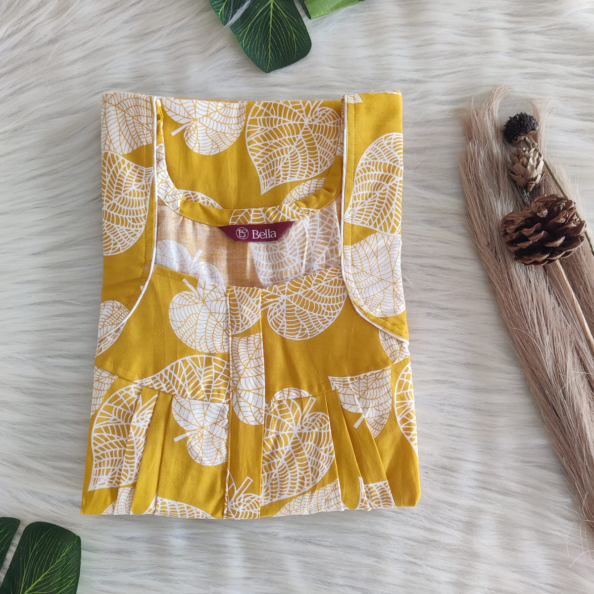 White Leaf Printed Yellow Printed Premium Cotton Pleated Zip Nighty | Free Size | Chest Width 44″| Length 54″-55″