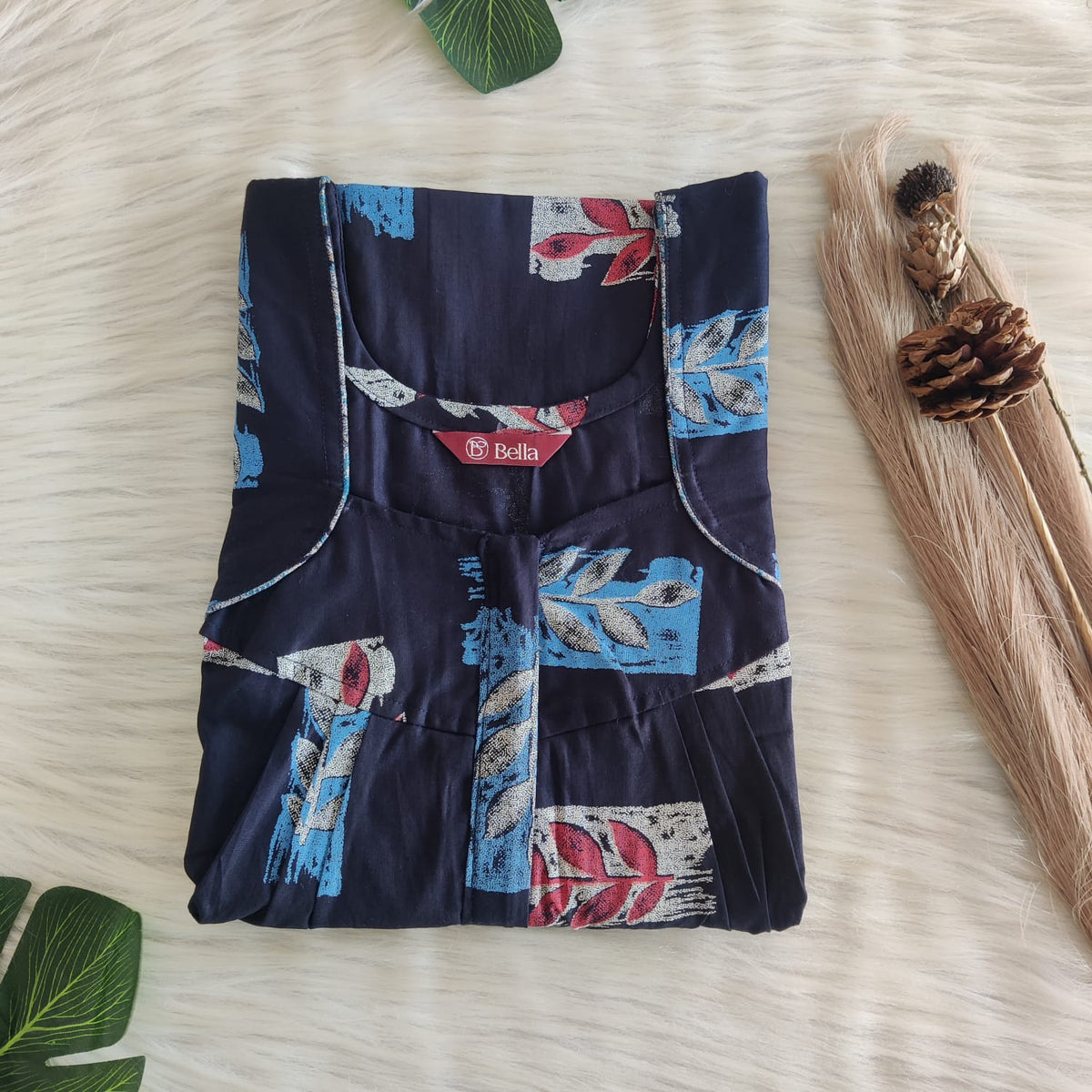 Navy Blue Printed Discharge Cotton Pleated Zip Nighty | Chest Width 44″ | Length 54″-55″