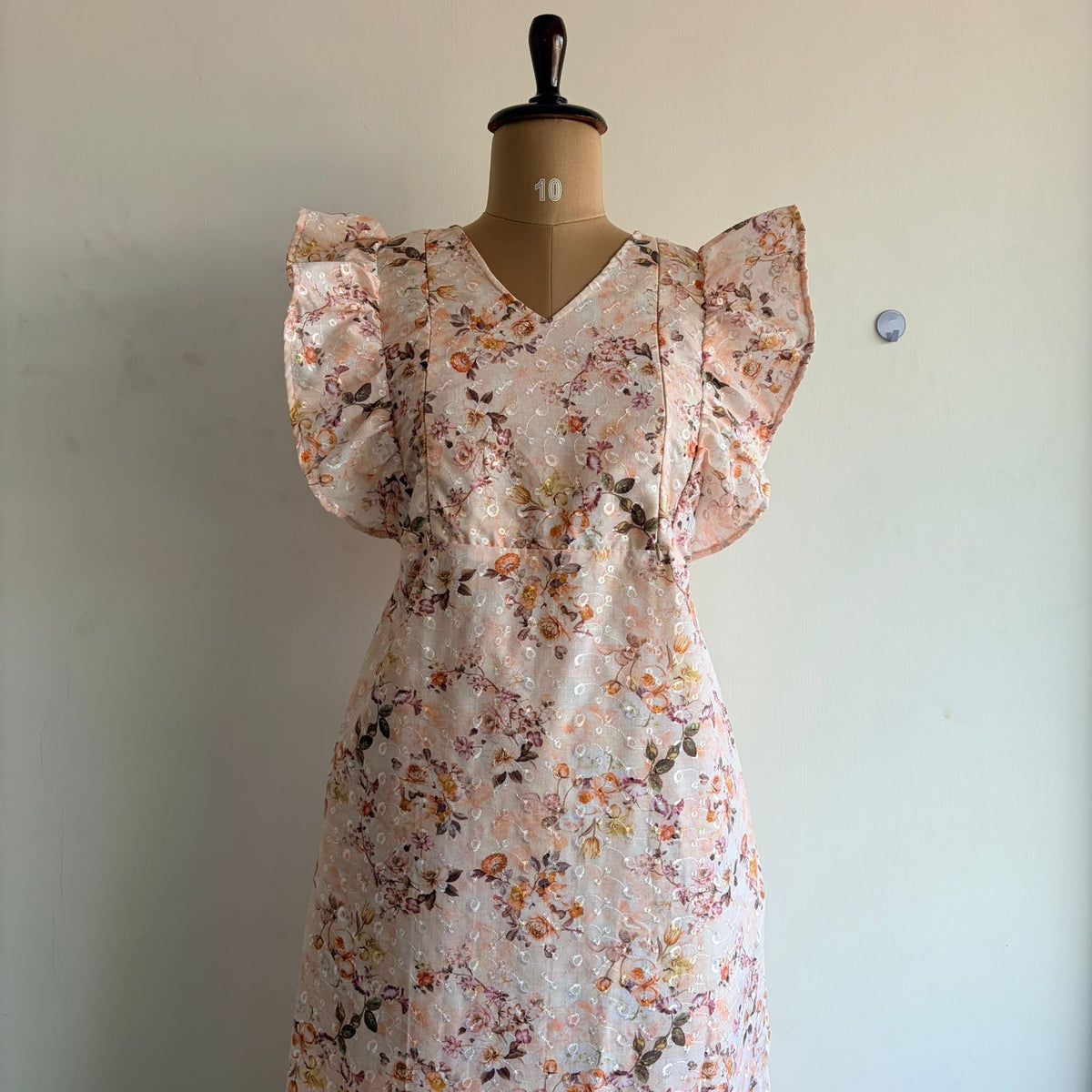 Pastel Brown Floral Printed Hakoba Ruffle Sleeve Short Maternity Gown | Free Size | Chest Width 44″| Length 44″