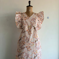 Pastel Brown Floral Printed Hakoba Ruffle Sleeve Short Maternity Gown | Free Size | Chest Width 44″| Length 44″