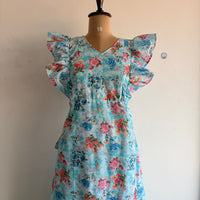 Blue And Pink Floral Printed Hakoba Ruffle Sleeve Short Maternity Gown | Free Size | Chest Width 44″| Length 44″