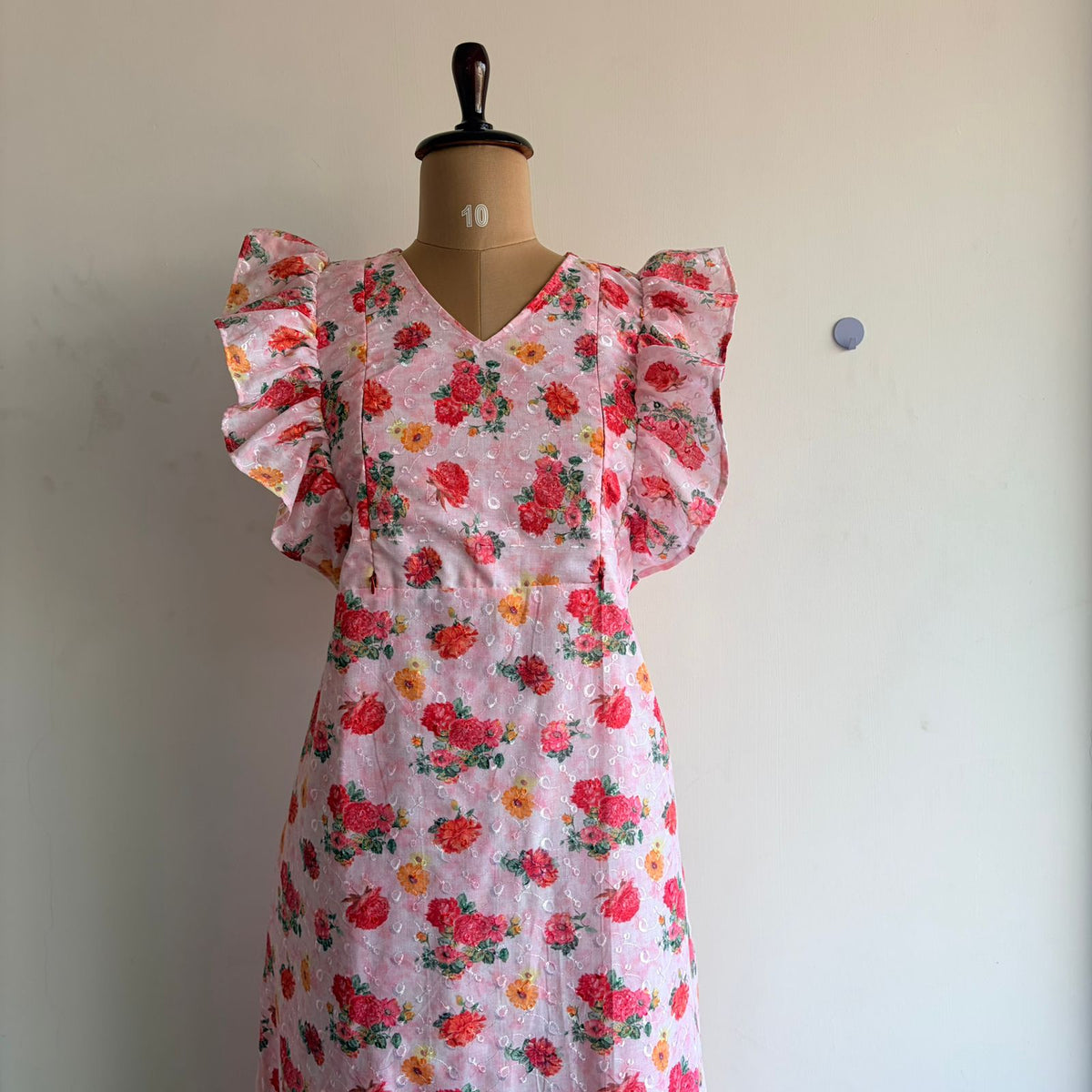 Pink Floral Printed Hakoba Ruffle Sleeve Short Maternity Gown | Free Size | Chest Width 44″| Length 44″