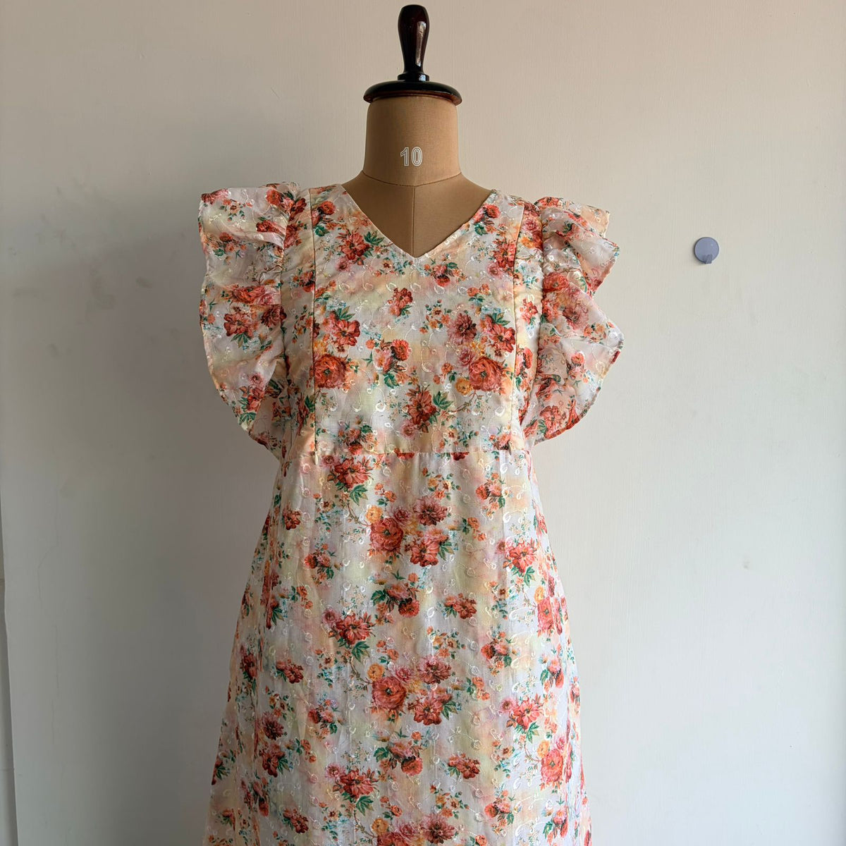 Brown Floral Printed Beige Hakoba Ruffle Sleeve Short Maternity Gown | Free Size | Chest Width 44″| Length 44″