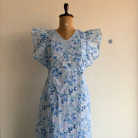 Blue Floral Printed Hakoba Ruffle Sleeve Short Maternity Gown | Free Size | Chest Width 44″| Length 44″