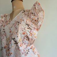 Pastel Brown Floral Printed Hakoba Ruffle Sleeve Short Maternity Gown | Free Size | Chest Width 44″| Length 44″