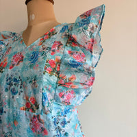 Blue And Pink Floral Printed Hakoba Ruffle Sleeve Short Maternity Gown | Free Size | Chest Width 44″| Length 44″