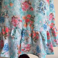 Blue And Pink Floral Printed Hakoba Ruffle Sleeve Short Maternity Gown | Free Size | Chest Width 44″| Length 44″