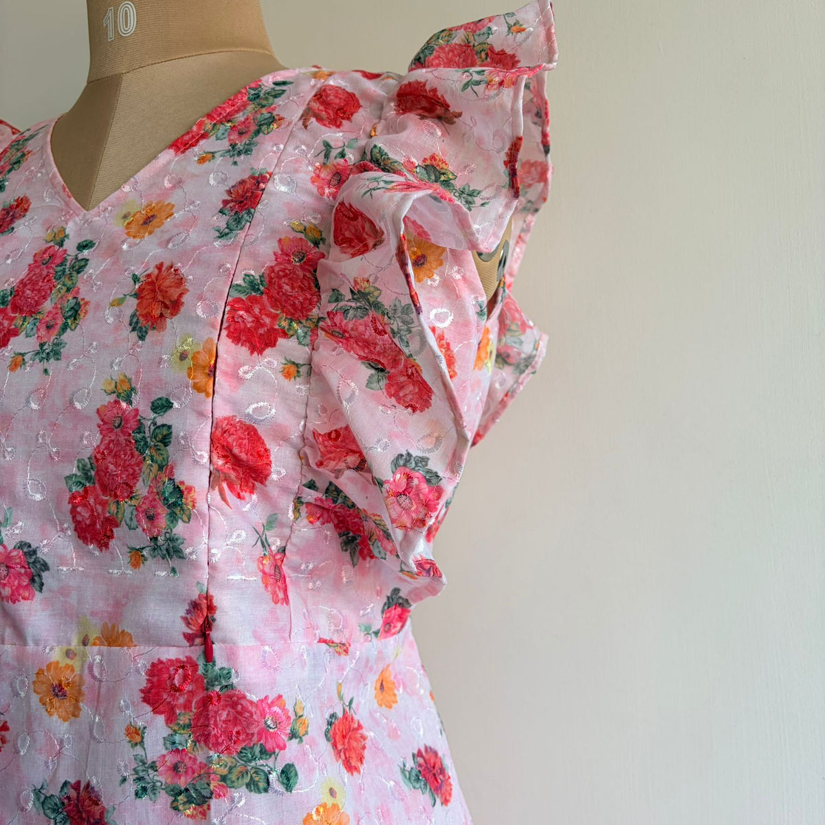 Pink Floral Printed Hakoba Ruffle Sleeve Short Maternity Gown | Free Size | Chest Width 44″| Length 44″