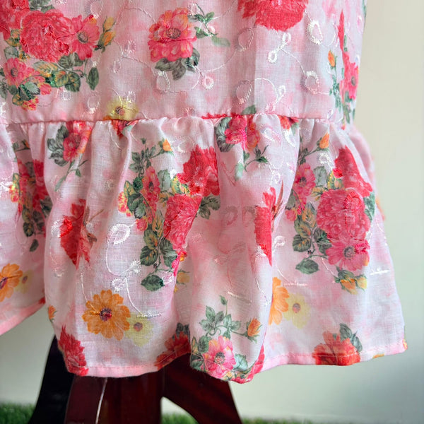 Garage Sale - Pink Floral Printed Hakoba Ruffle Sleeve Short Maternity Gown | Free Size | Chest Width 44″| Length 44″
