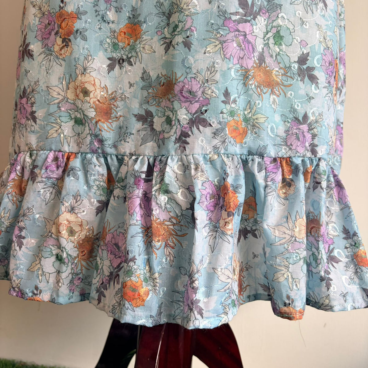 Dusty Blue Floral Printed Hakoba Ruffle Sleeve Short Maternity Gown | Free Size | Chest Width 44″| Length 44″