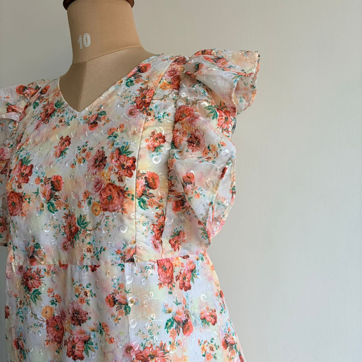 Brown Floral Printed Beige Hakoba Ruffle Sleeve Short Maternity Gown | Free Size | Chest Width 44″| Length 44″