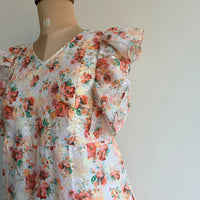 Brown Floral Printed Beige Hakoba Ruffle Sleeve Short Maternity Gown | Free Size | Chest Width 44″| Length 44″