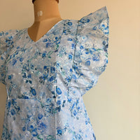 Blue Floral Printed Hakoba Ruffle Sleeve Short Maternity Gown | Free Size | Chest Width 44″| Length 44″