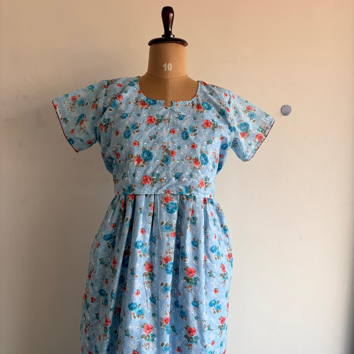 Orange And Blue Floral Hakoba Buttonless Zipless Short Maternity Nighty | Free Size |