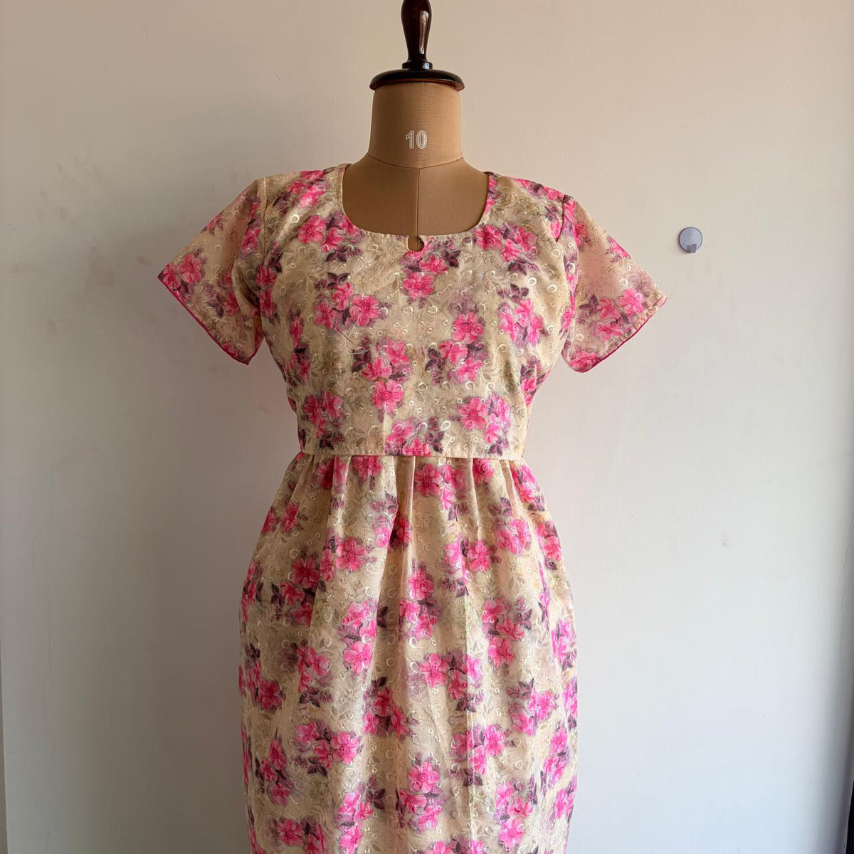 Pink Floral Printed Cream Hakoba Buttonless Zipless Short Maternity Nighty | Free Size |