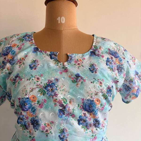 Blue Floral Hakoba Buttonless Zipless Short Maternity Nighty | Free Size |