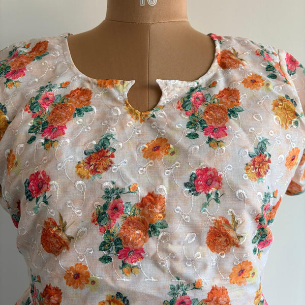 Orange And Red Floral Hakoba Buttonless Zipless Short Maternity Nighty | Free Size |
