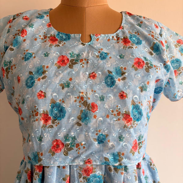 Orange And Blue Floral Hakoba Buttonless Zipless Short Maternity Nighty | Free Size |