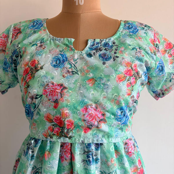 Green Floral Hakoba Buttonless Zipless Short Maternity Nighty | Free Size |