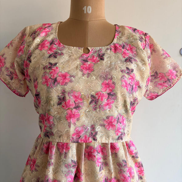Pink Floral Printed Cream Hakoba Buttonless Zipless Short Maternity Nighty | Free Size |