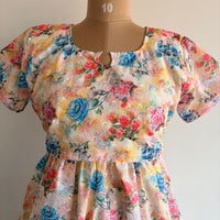 Blue And Peach Floral Printed Yellow Hakoba Buttonless Zipless Short Maternity Nighty | Free Size |