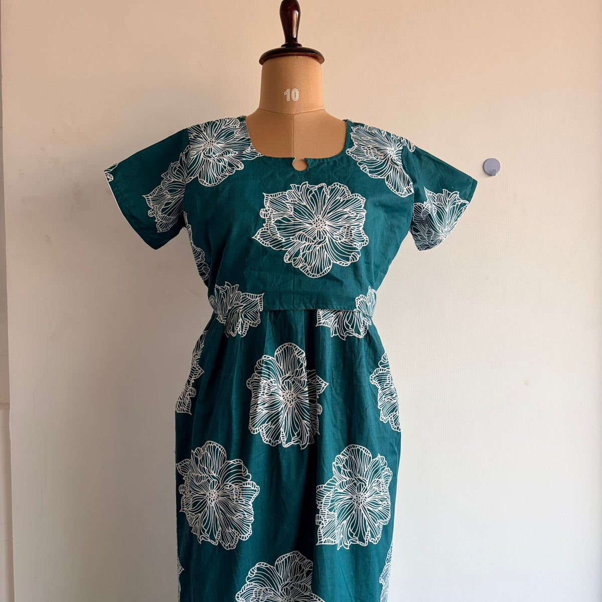 White Floral Printed Green Premium Cotton Buttonless Zipless Short Maternity Nighty | Free Size | Chest Width 44″| Length 46″