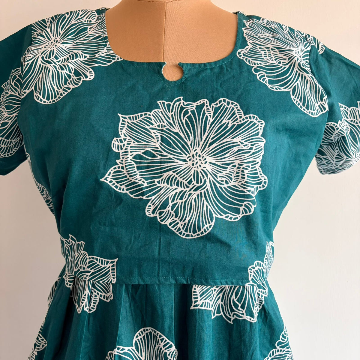 White Floral Printed Green Premium Cotton Buttonless Zipless Short Maternity Nighty | Free Size | Chest Width 44″| Length 46″