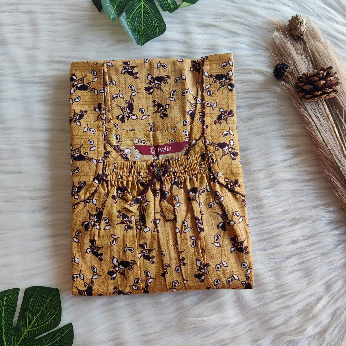 Brown Printed Premium Cotton Front Elastic Pleated Nighty | Free Size | Chest Width 44″| Length 56″