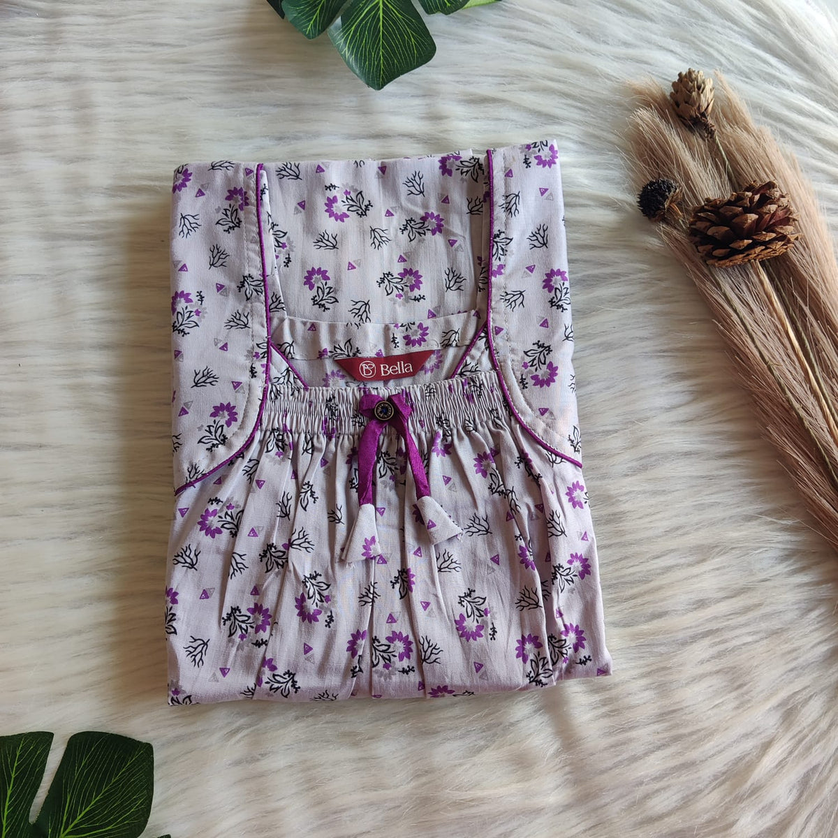 Pale Purple Printed Premium Cotton Front Elastic Pleated Nighty | Free Size | Chest Width 44″| Length 56″