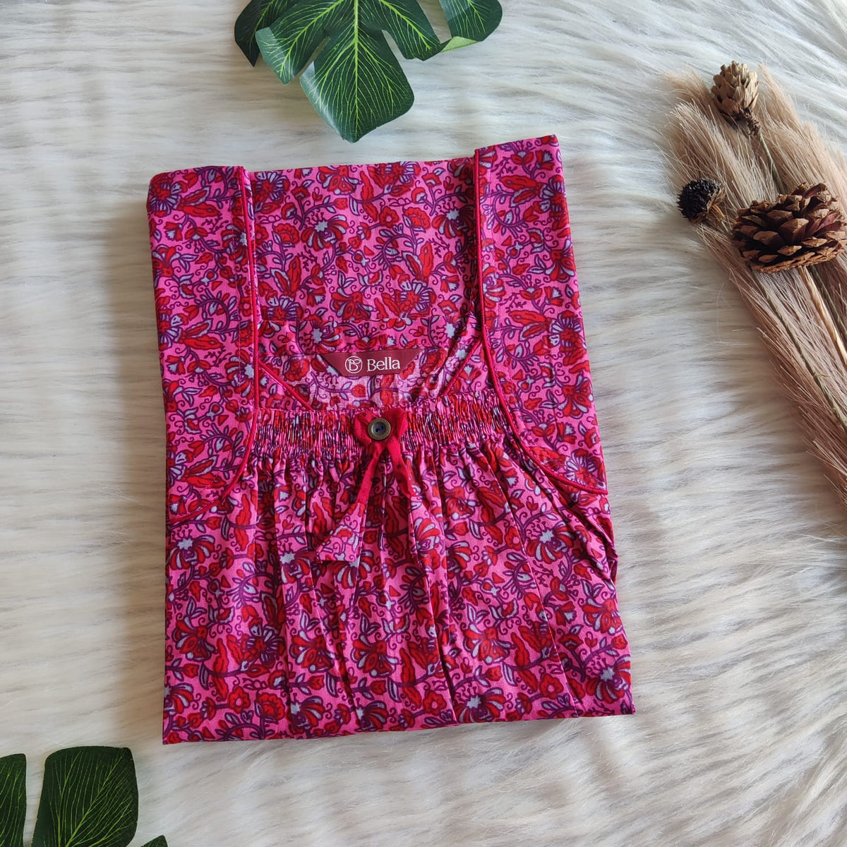 Red Floral Printed Pink Premium Cotton Front Elastic Pleated Nighty | Free Size | Chest Width 44″| Length 56″