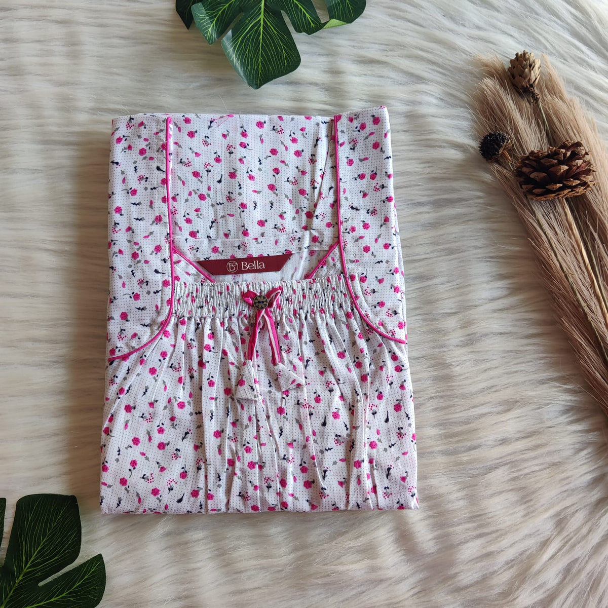 White And Pink Floral Printed Premium Cotton Front Elastic Pleated Nighty | Free Size | Chest Width 44″| Length 56″