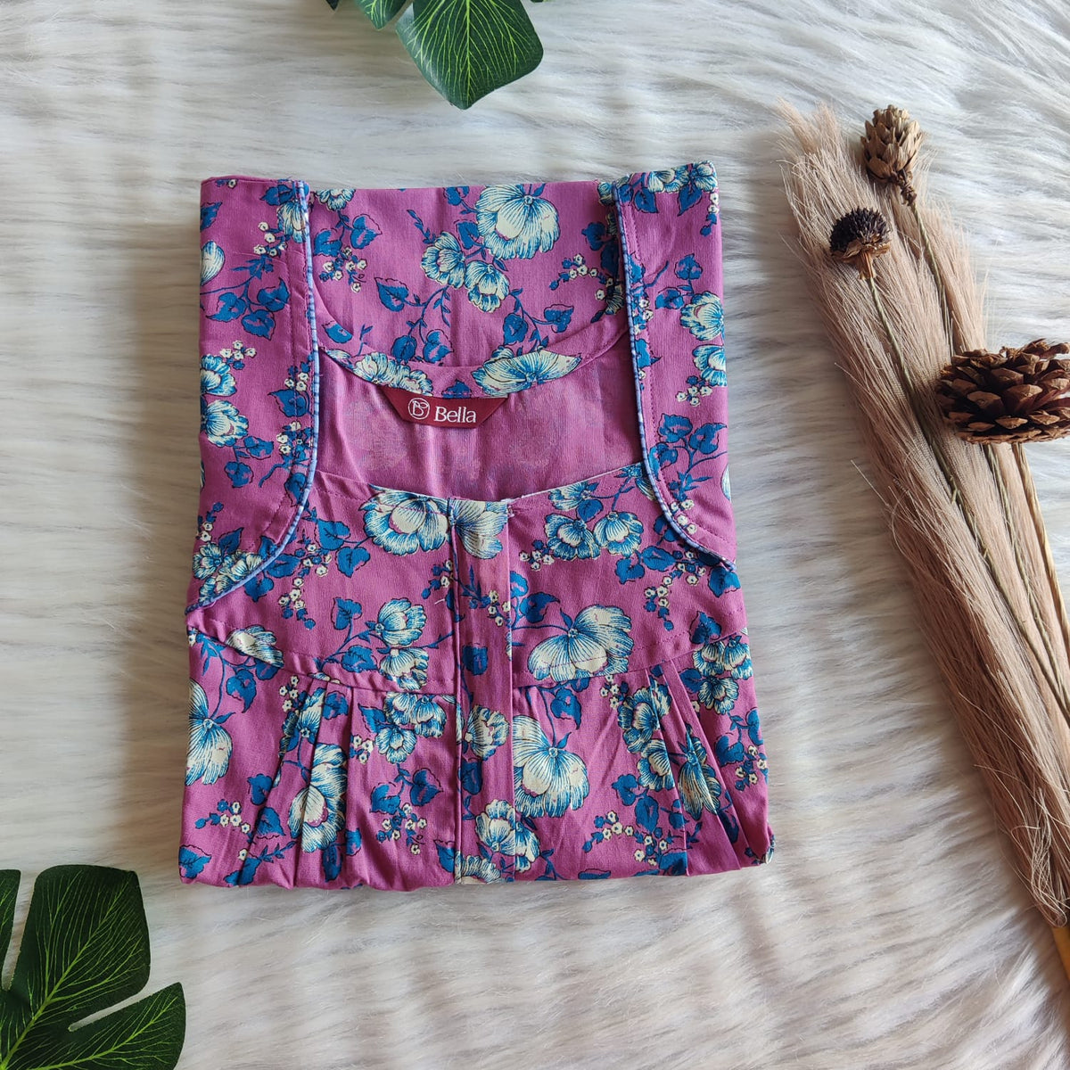 Pink Floral Printed Discharge Cotton Pleated Zip Nighty | Chest Width 44″ | Length 54″-55″