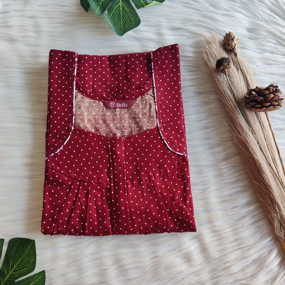Maroon Dot Gujari Cotton Pleated Zip Nighty | Chest Width 44″ | Length 54″-55″