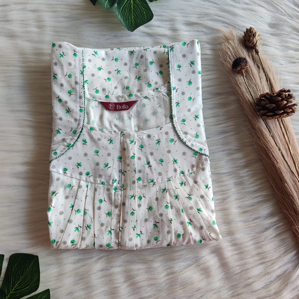 Green Floral Printed White Premium Cotton Pleated Zip Nighty | Free Size | Chest Width 44″| Length 54″-55″